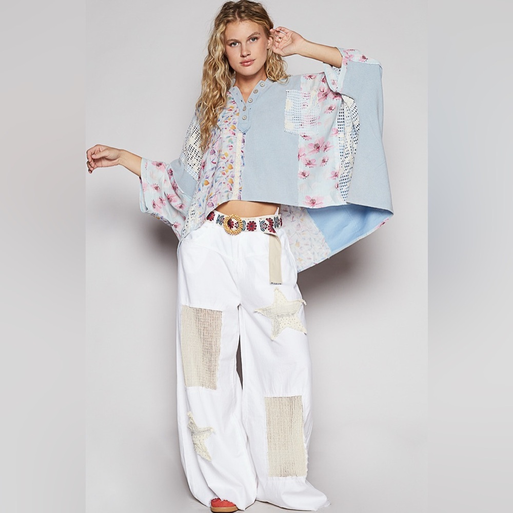 POL Women’s Powder Blue Mixed Media Floral Poncho Hoodie - Picture 5 of 5